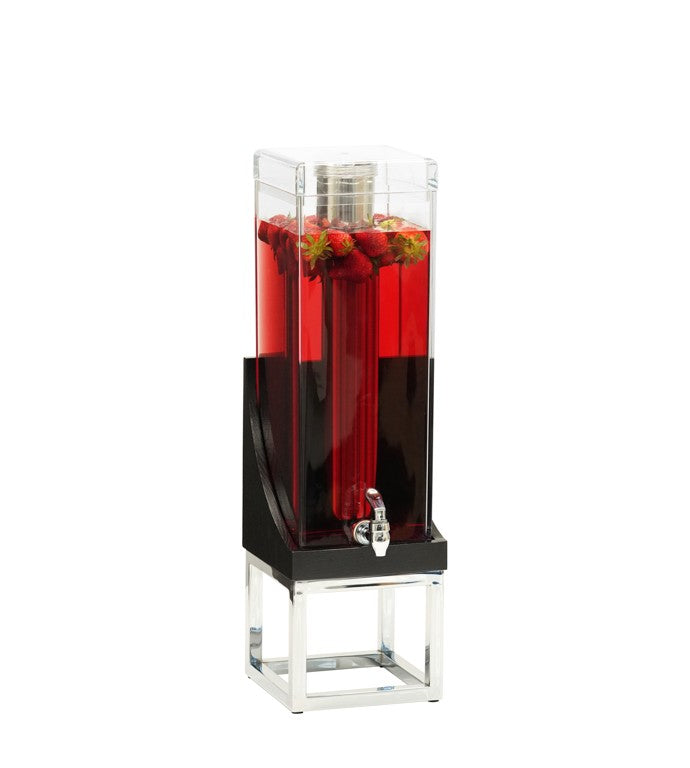 A clear rectangular 3 gallon beverage dispenser with a black base and silver stand, filled with red liquid and floating strawberries. BPA free, it features a metal spigot for pouring drinks. The background is plain white.