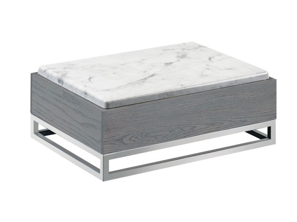 A modern rectangular coffee table with a faux marble melamine top, grey wood sides, and a sleek stainless steel base in an open rectangular frame design. The marble finish has subtle grey veining for a minimalist, contemporary style.