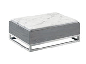 A modern rectangular coffee table with a faux marble melamine top, grey wood sides, and a sleek stainless steel base in an open rectangular frame design. The marble finish has subtle grey veining for a minimalist, contemporary style.