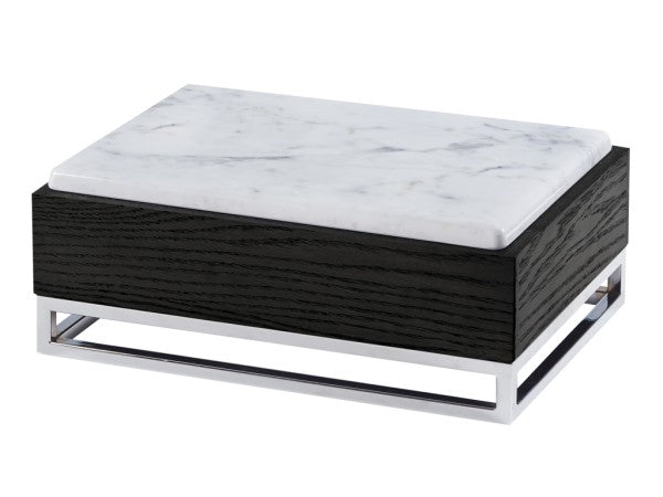 A rectangular box with a black wood base, a white marble lid featuring gray veining, and a silver metal open-frame support at the bottom. This modern design doubles as a Cinderwood Display Riser, blending natural and industrial materials seamlessly.
