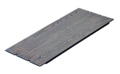 A single rectangular piece of dark oak wood flooring with visible grain patterns, beveled edges, and interlocking grooves on the shorter sides, isolated on a white background.