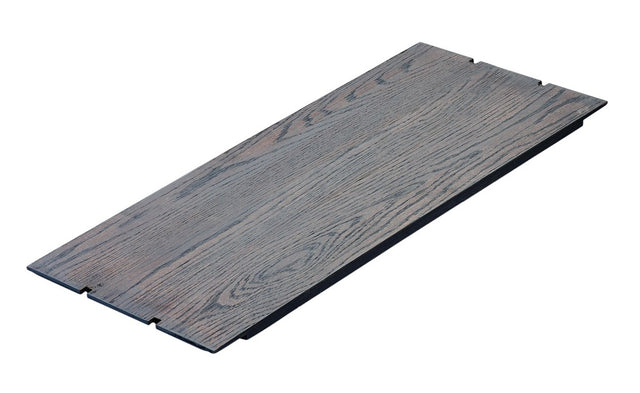 A single rectangular piece of dark oak wood flooring with visible grain patterns, beveled edges, and interlocking grooves on the shorter sides, isolated on a white background.