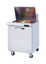 The Blue Air BLMT28-HC sandwich prep table features a stainless steel build on wheels, an open top lid displaying containers of chopped vegetables, and a digital temperature display reading 3.5°C. The lower section includes a closed door with handle.