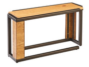 A modern console table with a rectangular rustic pine top and sides, featuring black metal frame accents and legs. The minimalist design offers clean lines and an open, airy space beneath the tabletop, perfect as a Sierra Display Riser.