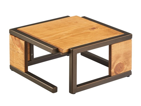 A modern square coffee table with a rustic pine top and matching wooden side panels, framed by a dark metal structure. The minimalist, geometric design features clean lines and visible wood grain for a contemporary look.