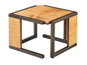 A modern, square side table with a light wood top and matching wooden panels on two sides, supported by a black metal frame with clean lines. Inspired by the Sierra Display Riser, it blends minimalist design with contemporary style.