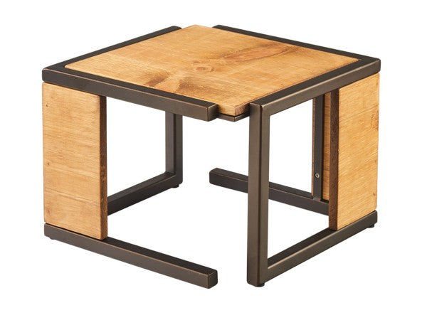 A modern, square side table with a light wood top and matching wooden panels on two sides, supported by a black metal frame with clean lines. Inspired by the Sierra Display Riser, it blends minimalist design with contemporary style.