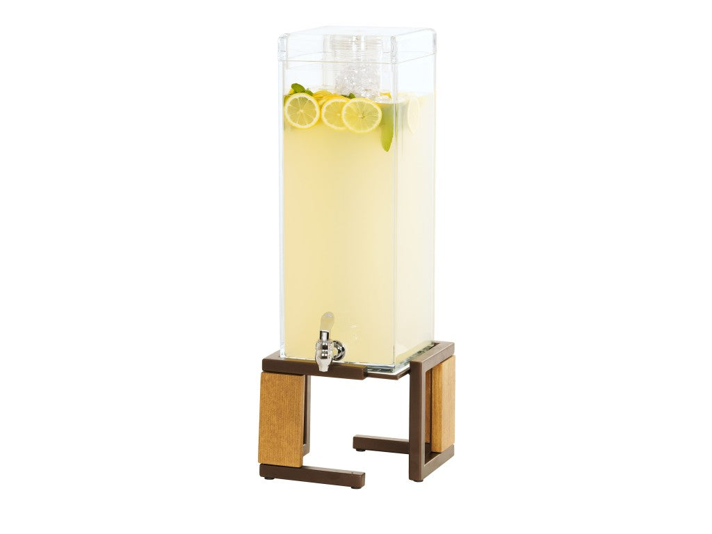 A clear, tall Sierra Beverage Dispenser filled with lemonade, lemon slices, and mint leaves sits on a wooden and metal stand. The dispenser has a spigot at the front and is shown against a white background.