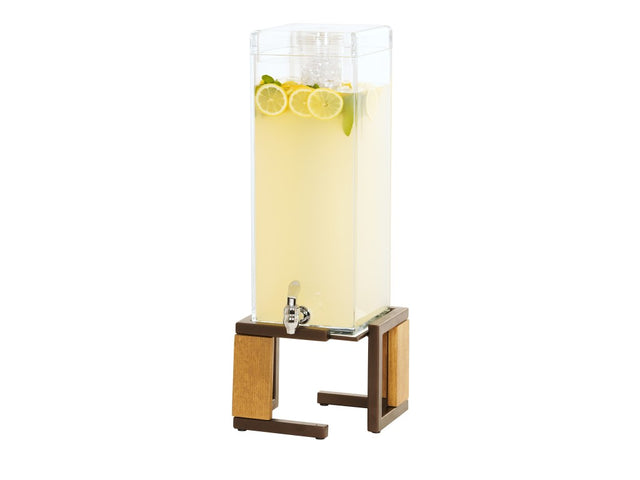 A clear, tall Sierra Beverage Dispenser filled with lemonade, lemon slices, and mint leaves sits on a wooden and metal stand. The dispenser has a spigot at the front and is shown against a white background.