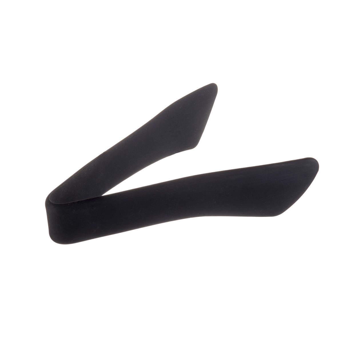 A pair of black silicone heat safe tongs with a minimalist, seamless design, shown on a white background. The tongs have smooth, rounded edges and lack any visible metal parts or grips, giving them a sleek, modern appearance.