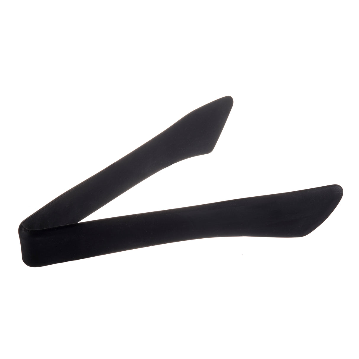 A pair of black plastic tongs with wide, flat gripping ends and a slightly curved, flexible design, set against a plain white background. These heat safe tongs are simple and unadorned, making them ideal for serving food.