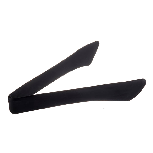 A pair of black plastic tongs with wide, flat gripping ends and a slightly curved, flexible design, set against a plain white background. These heat safe tongs are simple and unadorned, making them ideal for serving food.