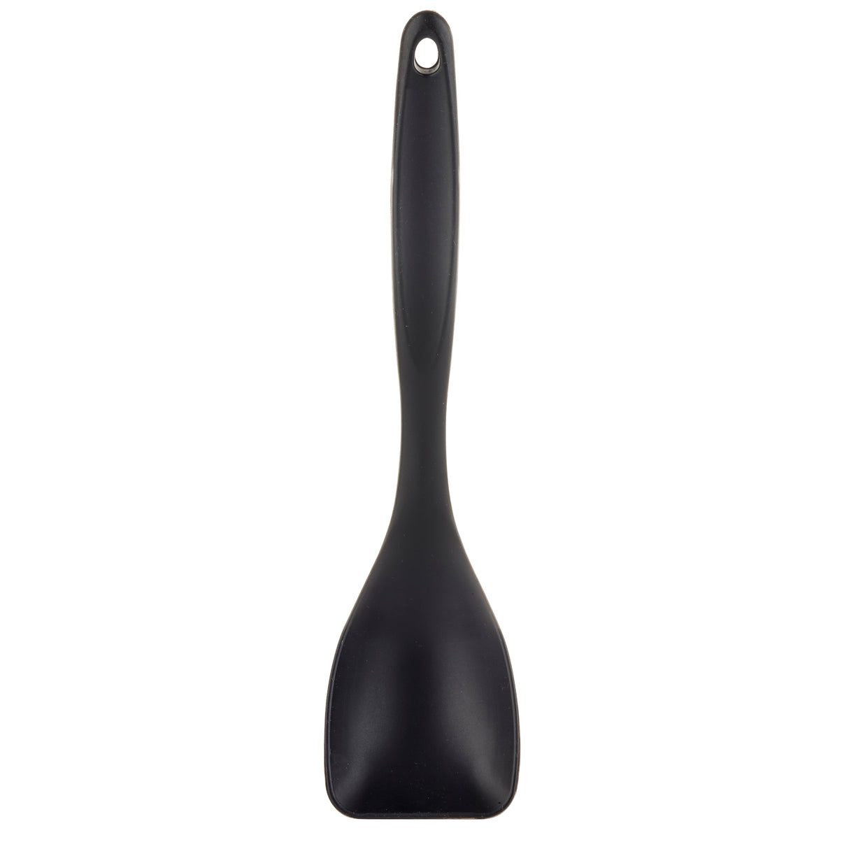 A black plastic kitchen spatula with a wide, slightly curved head and a long handle featuring a small hole at the top for hanging. This heat safe spatula is photographed on a plain white background.