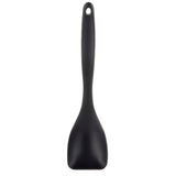 A black plastic kitchen spatula with a wide, slightly curved head and a long handle featuring a small hole at the top for hanging. This heat safe spatula is photographed on a plain white background.