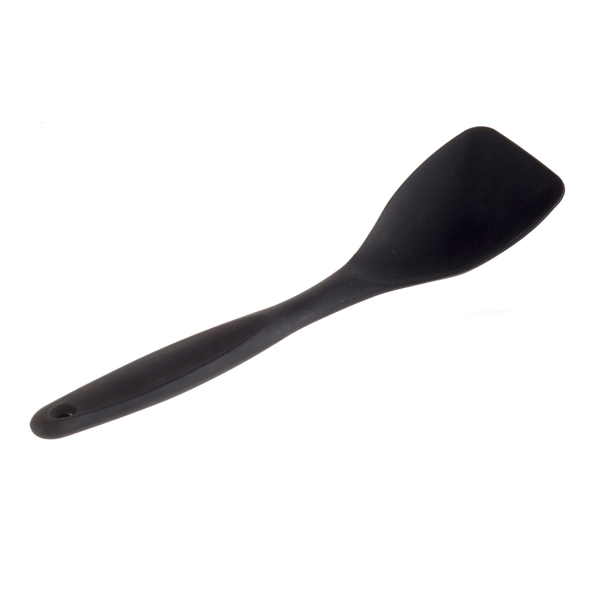 A black, heat safe silicone spatula with a wide, flat, slightly angled blade and a long handle featuring a small hole at the end, isolated on a white background.