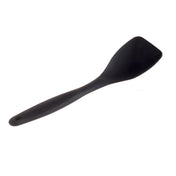 A black, heat safe silicone spatula with a wide, flat, slightly angled blade and a long handle featuring a small hole at the end, isolated on a white background.