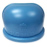 A blue, dome-shaped cotton candy machine cover made from food grade polyethylene, with the words GOLD MEDAL and a logo embossed on the smooth front. The bubble style cover sits neatly on a flat, circular base.