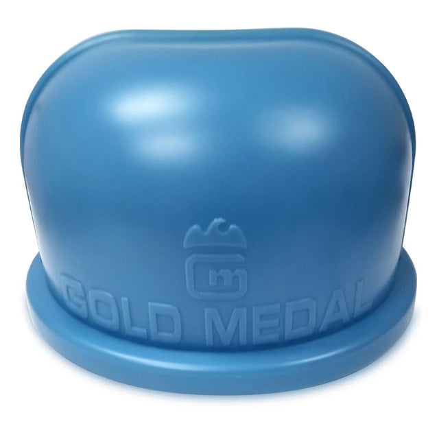 A blue, dome-shaped cotton candy machine cover made from food grade polyethylene, with the words GOLD MEDAL and a logo embossed on the smooth front. The bubble style cover sits neatly on a flat, circular base.