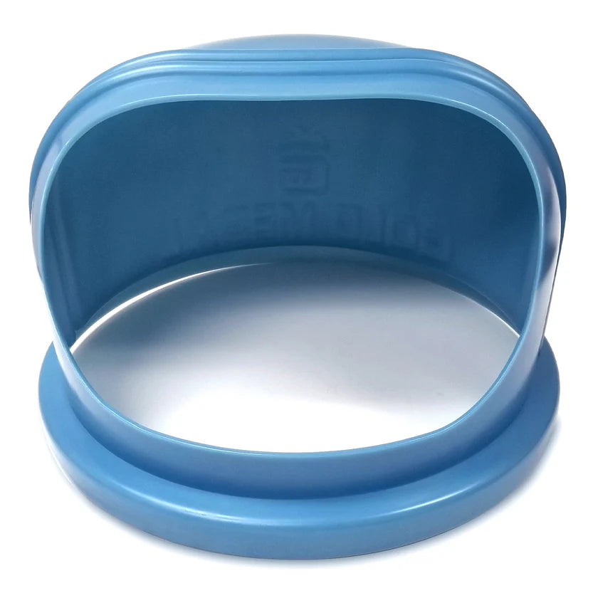 A blue oval-shaped plastic biscuit or cookie cutter, made from food grade polyethylene with smooth edges and a flat base, is placed upright on a white background. The open cutting edge faces forward, and embossed markings are visible inside the cutter.