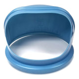 A blue oval-shaped plastic biscuit or cookie cutter, made from food grade polyethylene with smooth edges and a flat base, is placed upright on a white background. The open cutting edge faces forward, and embossed markings are visible inside the cutter.