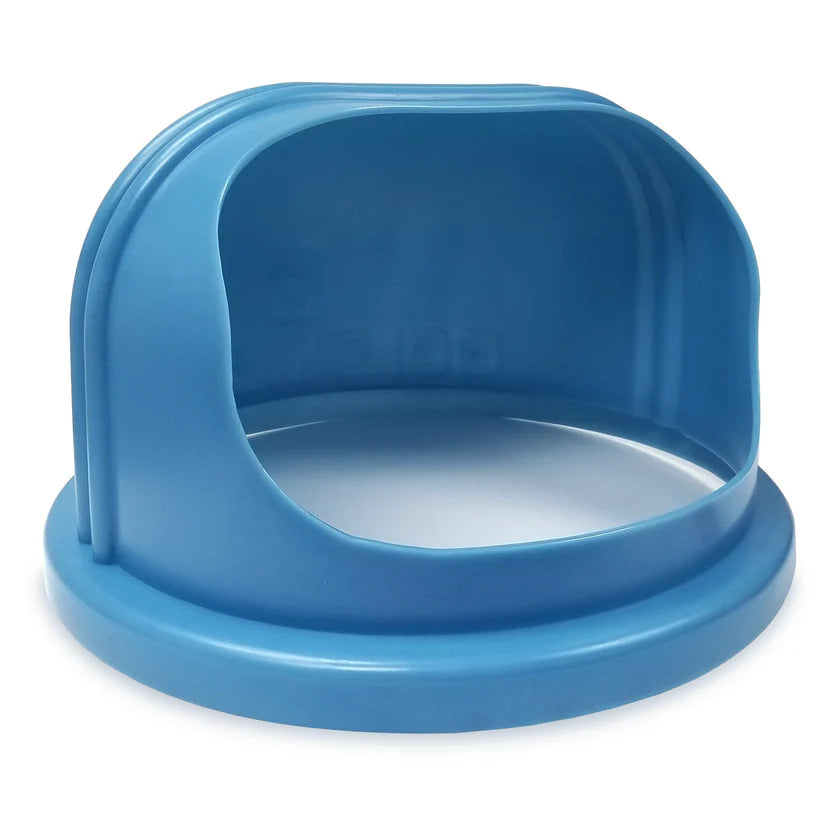 A blue plastic can or bin lid with a large oval opening in the center. Dome-shaped and smooth, it features a bubble style and is crafted from food grade polyethylene for easy access to recycling or trash containers. The background is plain white.