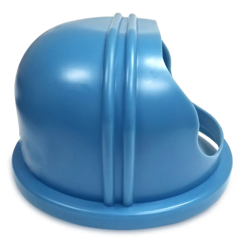 A blue plastic dome-shaped lid in a bubble style, made from food grade polyethylene, with two vertical ridges and a large arched opening on one side. Designed to fit containers or serve as a cotton candy machine cover, its surface is smooth and base circular.