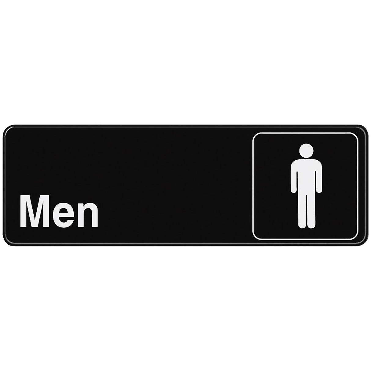A rectangular black Men Sign with "Men" in white on the left and a white, simplified male figure icon inside a square on the right. Features convenient adhesive backing for easy installation.