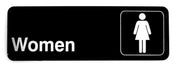 A black rectangular women sign with bold white "Women" text on the left and a white female stick figure inside a square outline on the right, designed as a cash and carry sign with pressure sensitive adhesive for easy restroom application.