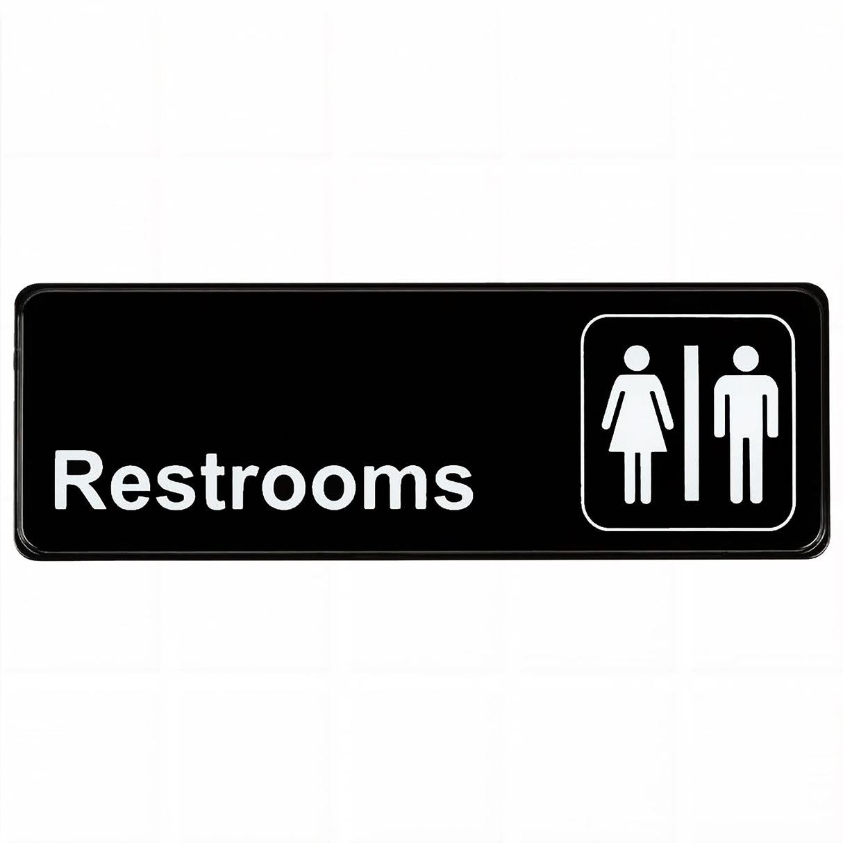A black rectangular Restrooms sign with white text and gender icons, featuring a pressure sensitive adhesive for easy application, clearly indicates public restroom facilities for all genders.