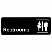 A black rectangular Restrooms sign with white text and gender icons, featuring a pressure sensitive adhesive for easy application, clearly indicates public restroom facilities for all genders.