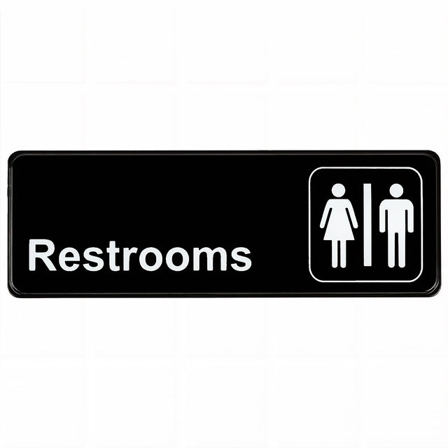 A black rectangular Restrooms sign with white text and gender icons, featuring a pressure sensitive adhesive for easy application, clearly indicates public restroom facilities for all genders.