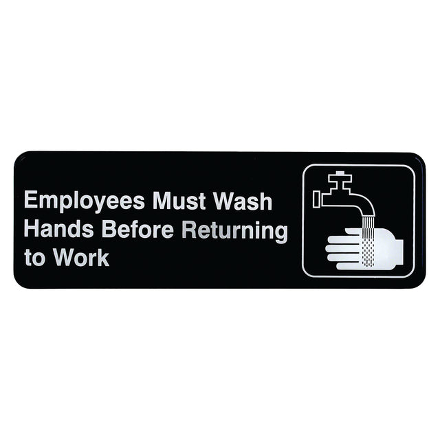 A black employees must wash hands sign with white text features a graphic of a faucet streaming water over a hand. The sign uses pressure sensitive adhesive for easy installation and highlights the importance of handwashing for employees.