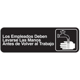 Black and white Spanish restroom sign reads: Los Empleados Deben Lavarse Las Manos Antes de Volver al Trabajo. Next to the text, an icon shows a hand under running water, typical of an employees must wash hands sign.