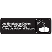 Black and white Spanish restroom sign reads: Los Empleados Deben Lavarse Las Manos Antes de Volver al Trabajo. Next to the text, an icon shows a hand under running water, typical of an employees must wash hands sign.