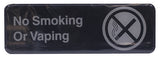 A rectangular black No Smoking or Vaping sign with white text and symbols, made from durable plastic. This dishwasher safe sign clearly indicates that smoking and vaping are not allowed.