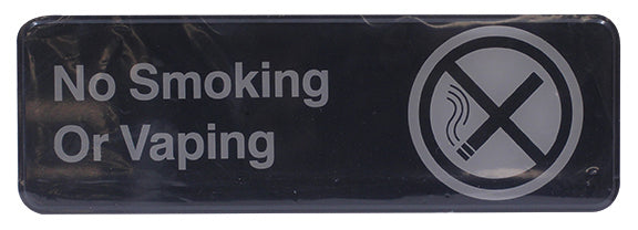 A rectangular black No Smoking or Vaping sign with white text and symbols, made from durable plastic. This dishwasher safe sign clearly indicates that smoking and vaping are not allowed.