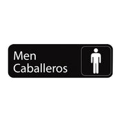 A rectangular Men/Caballeros sign features white text on black, with a man icon in a square indicating a men's restroom. This Cash & Carry sign uses pressure sensitive adhesive for easy mounting and the word Caballeros means Men in Spanish.