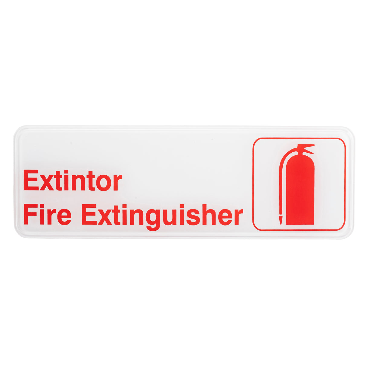 A bilingual safety sign, this white rectangular adhesive sign features red text reading “Extintor Fire Extinguisher” and a red fire extinguisher icon, clearly marking the location of a fire extinguisher in both English and Spanish.