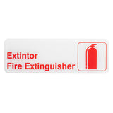 A bilingual safety sign, this white rectangular adhesive sign features red text reading “Extintor Fire Extinguisher” and a red fire extinguisher icon, clearly marking the location of a fire extinguisher in both English and Spanish.