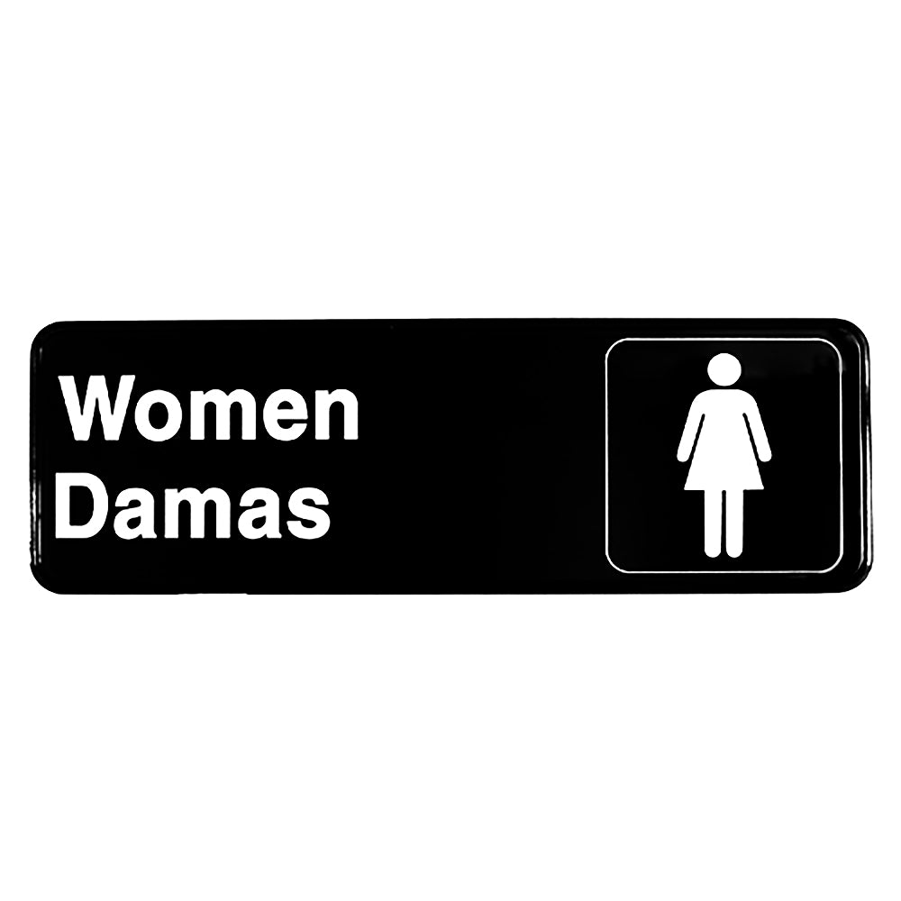 A rectangular black women damas sign reads Women Damas in white text, with a white icon of a woman in a dress inside a square on the right side. The pressure sensitive adhesive backing makes it easy to mount on restroom doors.