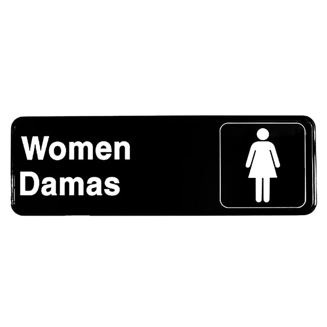 A rectangular black women damas sign reads Women Damas in white text, with a white icon of a woman in a dress inside a square on the right side. The pressure sensitive adhesive backing makes it easy to mount on restroom doors.