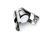 A sleek, durable Champagne Bottle Sealer made of stainless steel with a white plastic seal is shown against a white background. Its hinged arms grip the bottle neck securely and the stopper is dishwasher safe for easy cleaning.