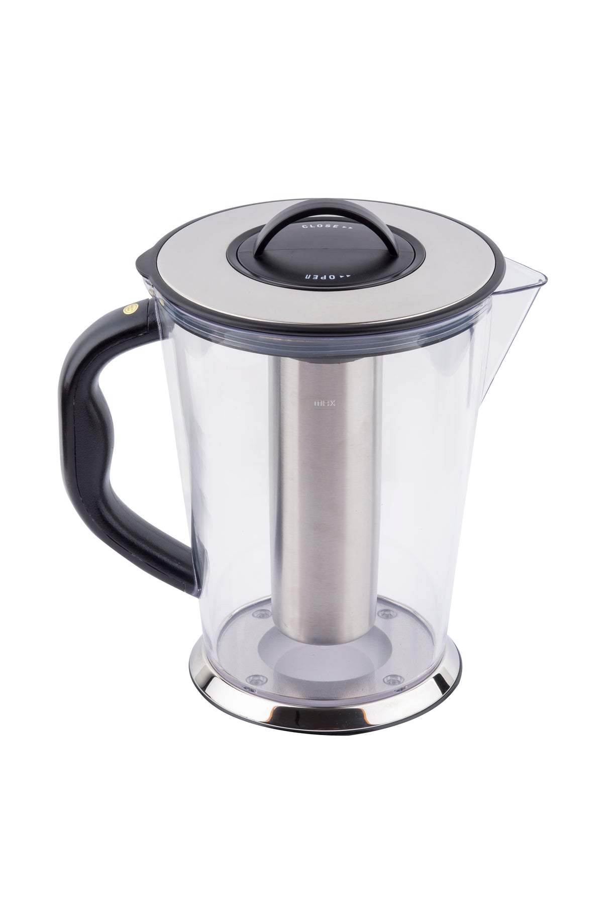 A transparent plastic pitcher with a black handle, stainless steel infuser, and metal lid featuring a small round handle. The pitcher has a spout on one side and is dishwasher safe. The background is plain white.