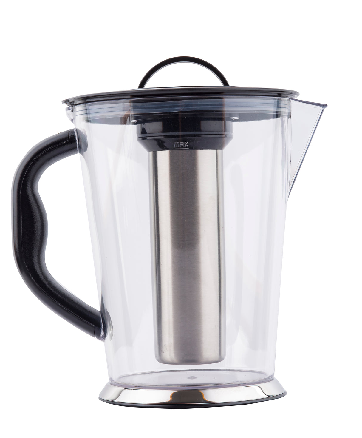 A clear plastic pitcher with a black handle and lid, featuring a cylindrical stainless steel infuser inside. This dishwasher safe pitcher has a wide spout and sleek, modern design, perfect for making infused beverages like tea or fruit water.