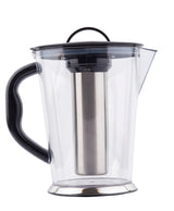 A clear plastic pitcher with a black handle and lid, featuring a cylindrical stainless steel infuser inside. This dishwasher safe pitcher has a wide spout and sleek, modern design, perfect for making infused beverages like tea or fruit water.