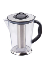 A clear plastic pitcher with a black handle and silver stainless steel lid, featuring a central cylindrical metal infuser. Sleek and modern in design, this pitcher is also dishwasher safe for easy cleaning.