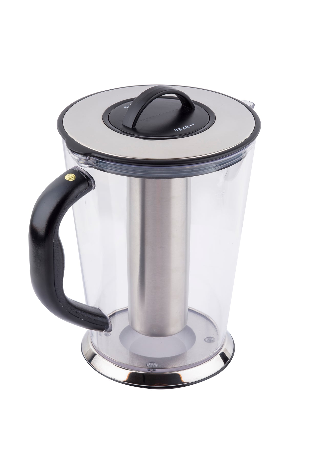 A transparent electric kettle with a black handle and a stainless steel central heating element, designed to be dishwasher safe. The silver lid with a black handle and the silver and black base complete its modern look, photographed on a white background.
