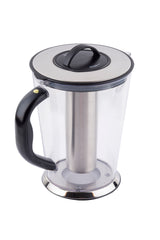 A transparent electric kettle with a black handle and a stainless steel central heating element, designed to be dishwasher safe. The silver lid with a black handle and the silver and black base complete its modern look, photographed on a white background.