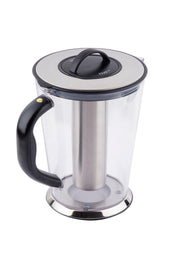 A transparent electric kettle with a black handle and a stainless steel central heating element, designed to be dishwasher safe. The silver lid with a black handle and the silver and black base complete its modern look, photographed on a white background.