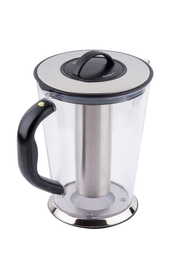 A transparent electric kettle with a black handle and a stainless steel central heating element, designed to be dishwasher safe. The silver lid with a black handle and the silver and black base complete its modern look, photographed on a white background.